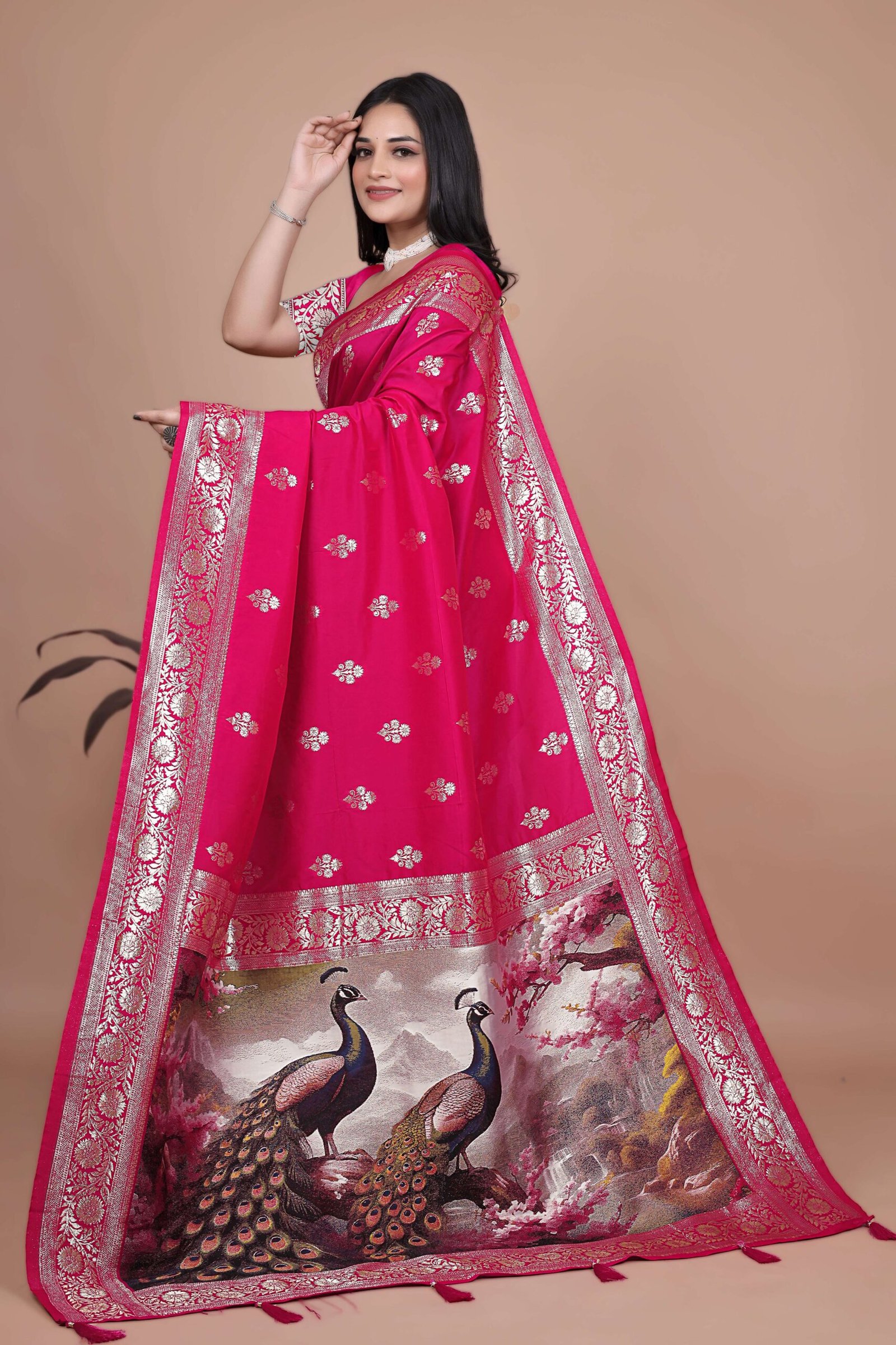Majestic Magenta Silk Saree with Silver Zari & Twin Peacock Pallu | Wedding, Festive & Traditional Wear - Image 4